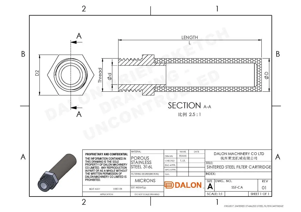 filtro de acero sinterizado de rosca hembra Dibujo Técnico